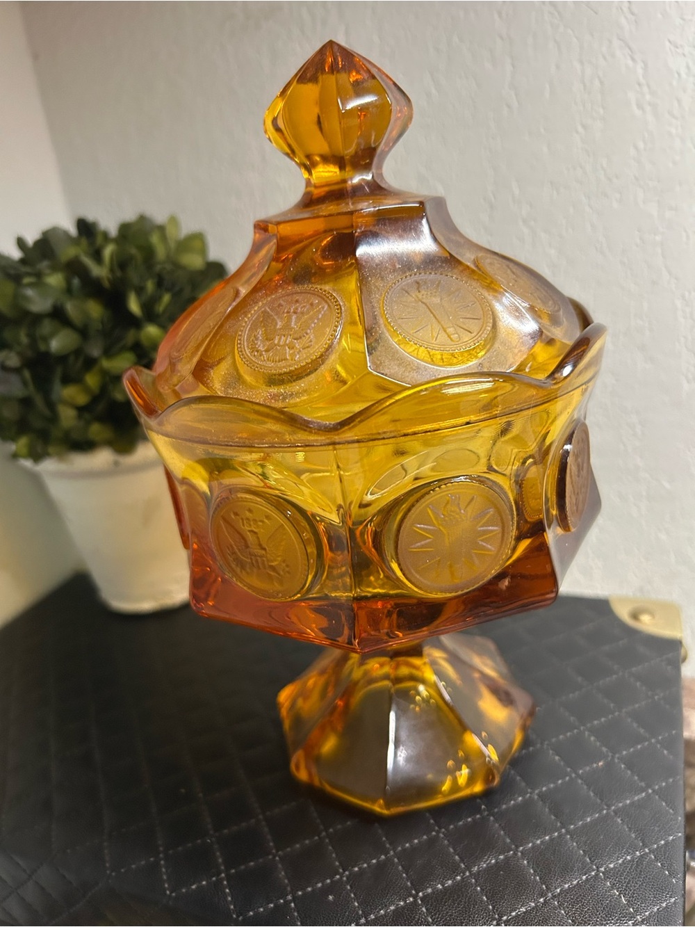 Mid-Century Fostoria Amber Glass Coin Pattern Lidded Pedestal Compote Candy Jar